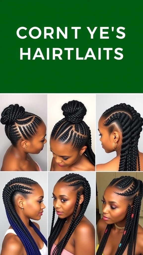 A collage of various cornrow hairstyles including classic, updo, feed-in, side-swept, and beaded styles.